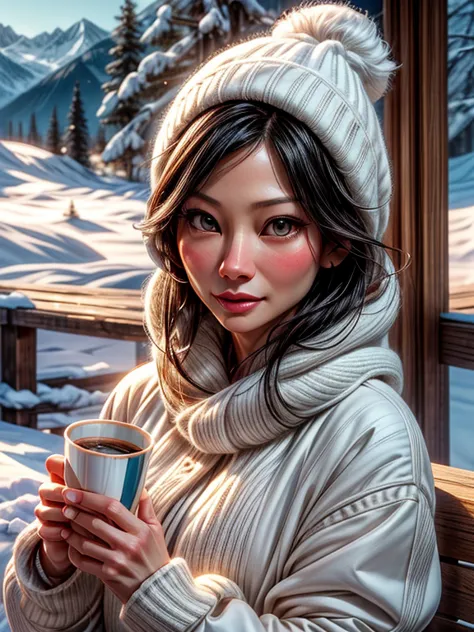 {Lucy Liu, linda, neve, frio, cachecol, toca, big white cup.