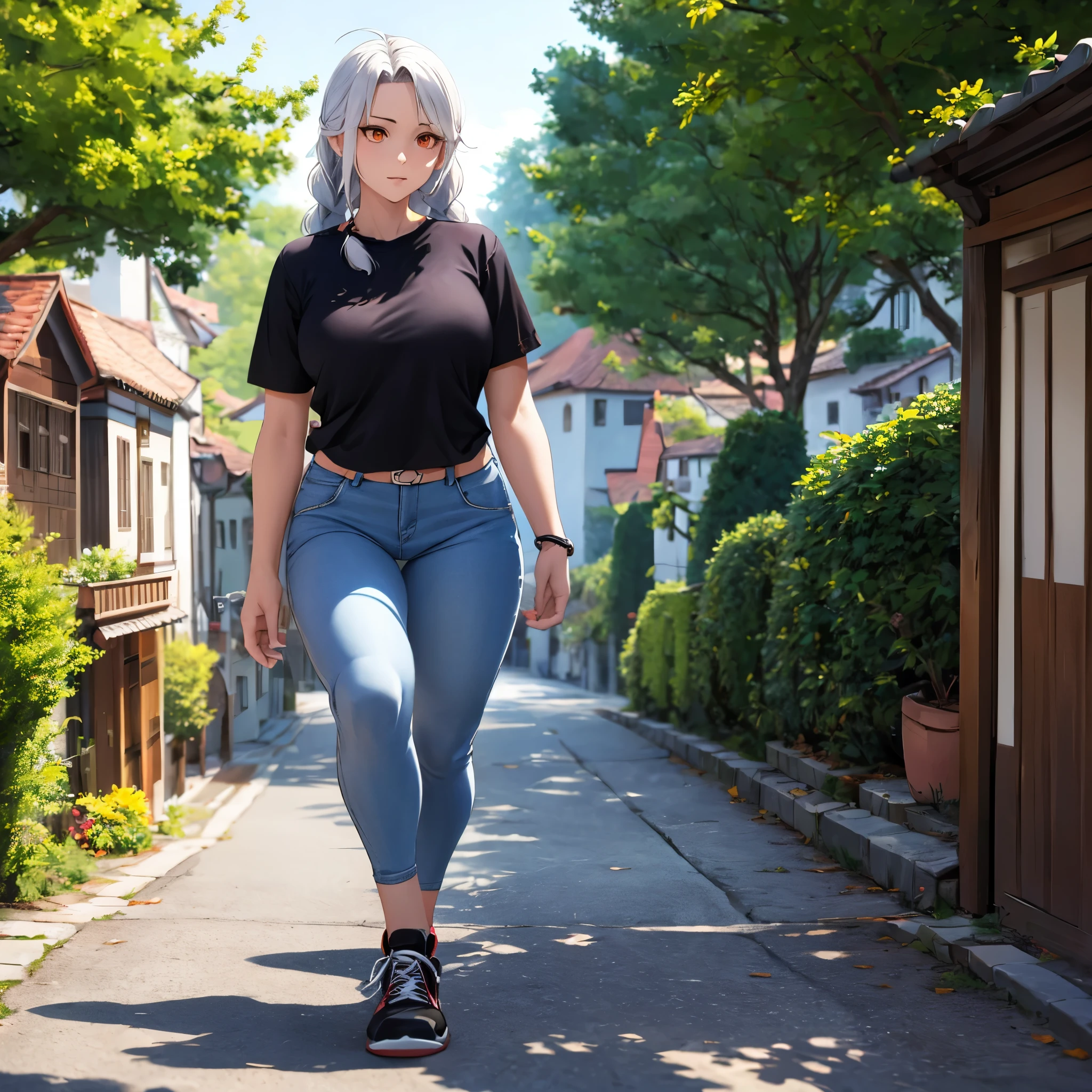 A woman wearing a casual black shirt (with white kanji written on the shirt), wearing black jeans, wearing casual sneakers, long white hair, braids, red bangs, orange eyes, walking on an old paved sidewalk, in a traditional German town, houses traditional German trees in the background, some trees on site, whole boy, stereogram, tachi-e, point of view, atmospheric perspective, 8k, superdetail, accurate, best quality, award-winning, textured skin, high resolution, anatomically correct, bokeh effect, ( (woman alone).
