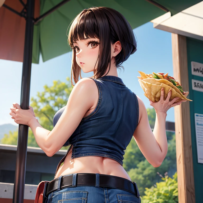 A woman in full-zip shorts eats a tlayuda at a taco stand　Jeans have a belt　　　With side slits　Big Ass　　Upper body naked