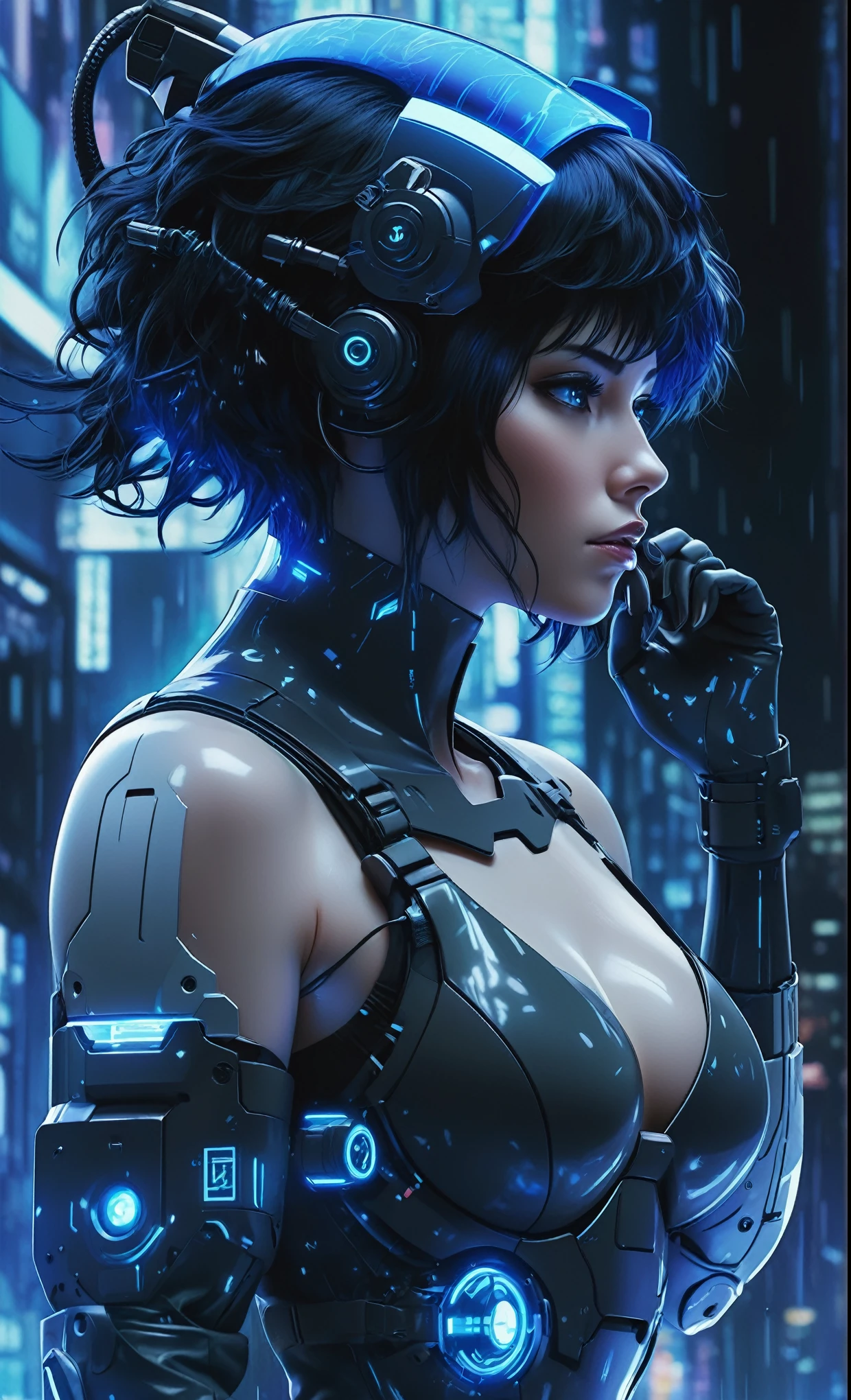 Ghost in the Shell Vol.2, by Luis Duarte, Luis Duarte style, blue and black shading, Neo-Tokyo style, Element Air, Mythpunk, Graphic Interface, Sci-Fic Art, Dark Influence, NijiExpress 3D v3, Kinetic Art, Datanoshing, Oilpainting, Ink v3, Splash style, Abstract Art, Abstract Tech, Cyber Tech Elements, Futuristic, Illustrated v3, Deco Influence, AirBrush style, drawing