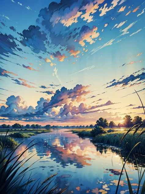 a painting of a sunset over a body of water, phragmites, vibrant gouache painting scenery, marsh vegetation, small reeds behind ...