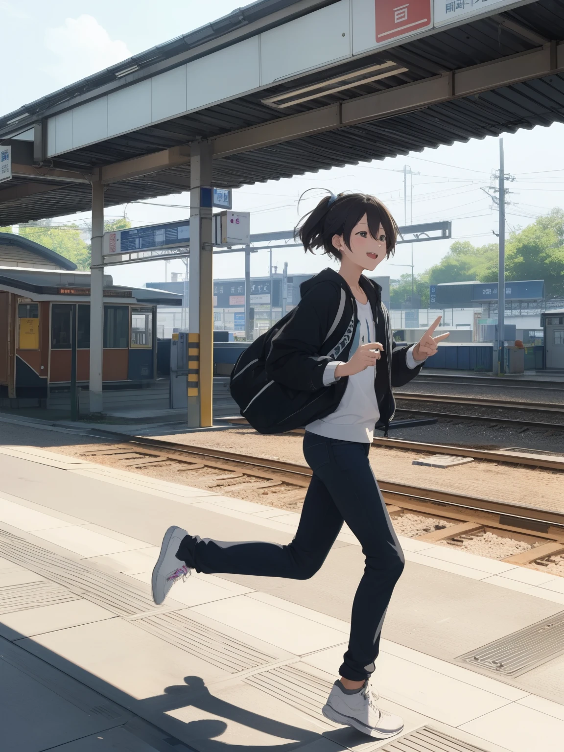 Anime girl running on train platform with backpack and cell phone - SeaArt  AI