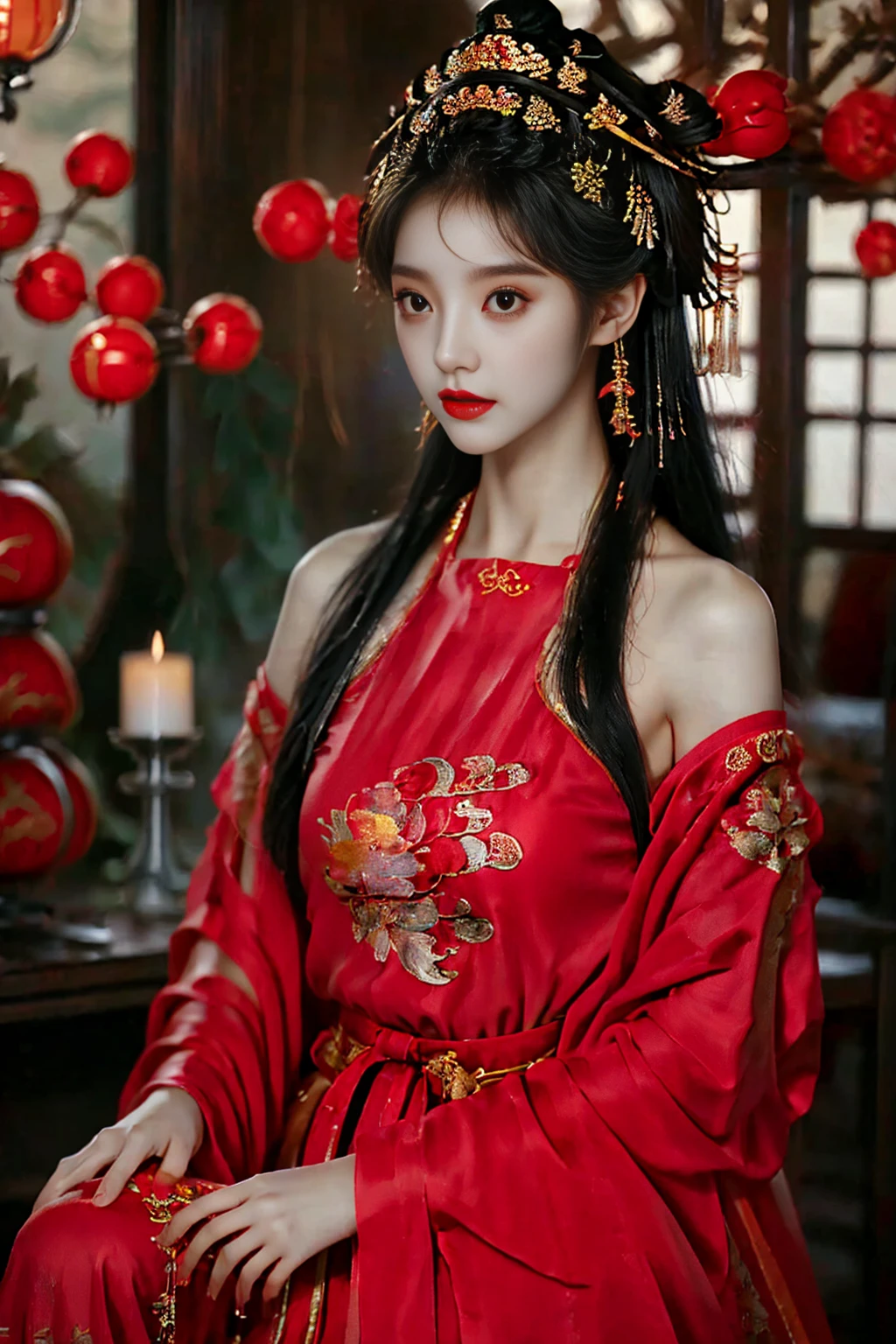 1 Girl, 20 years old, center, Black long hair, red lips, Perfect thighs, Chinese Queen, Gold Embroidered Clothing, Red cheongsam, Lace, Red cape, Red embroidered shoes, (Looking at the camera:1.5), stand up, night, Wooden pavilion, Chinese Palace, Front view, curls, Flying hair, gloomy sky, Beautiful right eye pupil, (Very delicate and beautiful Korean female facial features:1.3), (Beautiful and detailed eye descriptions), Best image quality, light, Detailed background, Surrealism, Rococo style, Art Deco, Hook of Holland, masterpiece, Ultra HD, masterpiece, precise, Anatomically correct, Textured Skin, Super Detail, High Detail, The award-winning, best quality, 8K, gufeng