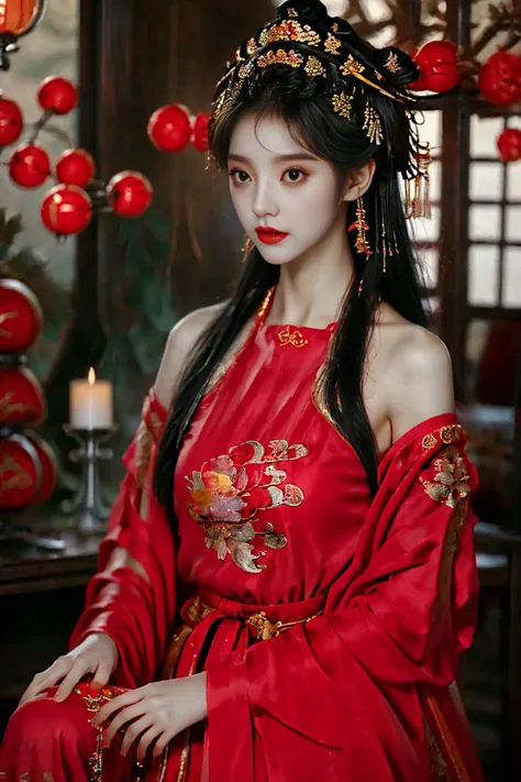 1 Girl, 20 years old, center, Black long hair, red lips, Perfect thighs, Chinese Queen, Gold Embroidered Clothing, Red cheongsam...