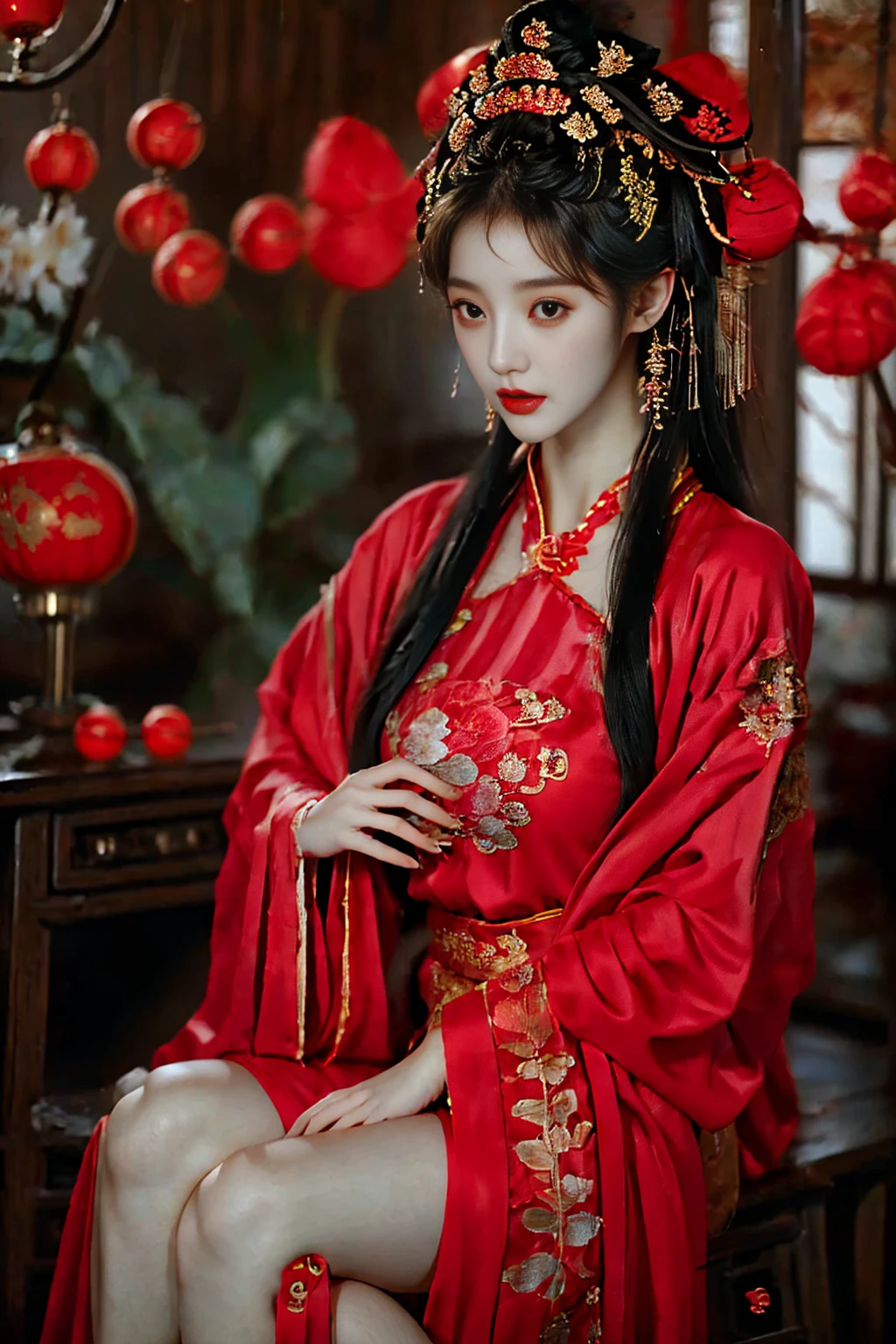 1 Girl, 20 years old, center, Black long hair, red lips, Perfect thighs, Chinese Queen, Gold Embroidered Clothing, Red cheongsam, Lace, Red cape, Red embroidered shoes, (Looking at the camera:1.5), stand up, night, Wooden pavilion, Chinese Palace, Front view, curls, Flying hair, gloomy sky, Beautiful right eye pupil, (Very delicate and beautiful Korean female facial features:1.3), (Beautiful and detailed eye descriptions), Best image quality, light, Detailed background, Surrealism, Rococo style, Art Deco, Hook of Holland, masterpiece, Ultra HD, masterpiece, precise, Anatomically correct, Textured Skin, Super Detail, High Detail, The award-winning, best quality, 8K, gufeng