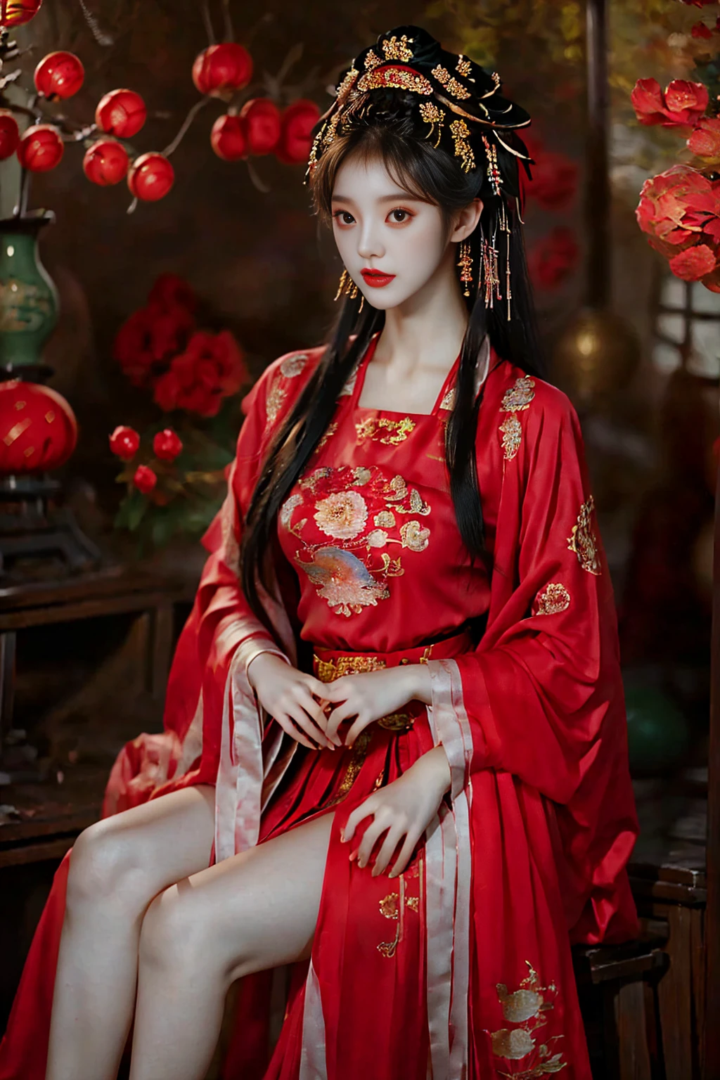 1 Girl, 20 years old, center, Black long hair, red lips, Perfect thighs, Chinese Queen, Gold Embroidered Clothing, Red cheongsam, Lace, Red cape, Red embroidered shoes, (Looking at the camera:1.5), stand up, night, Wooden pavilion, Chinese Palace, Front view, curls, Flying hair, gloomy sky, Beautiful right eye pupil, (Very delicate and beautiful Korean female facial features:1.3), (Beautiful and detailed eye descriptions), Best image quality, light, Detailed background, Surrealism, Rococo style, Art Deco, Hook of Holland, masterpiece, Ultra HD, masterpiece, precise, Anatomically correct, Textured Skin, Super Detail, High Detail, The award-winning, best quality, 8K, gufeng