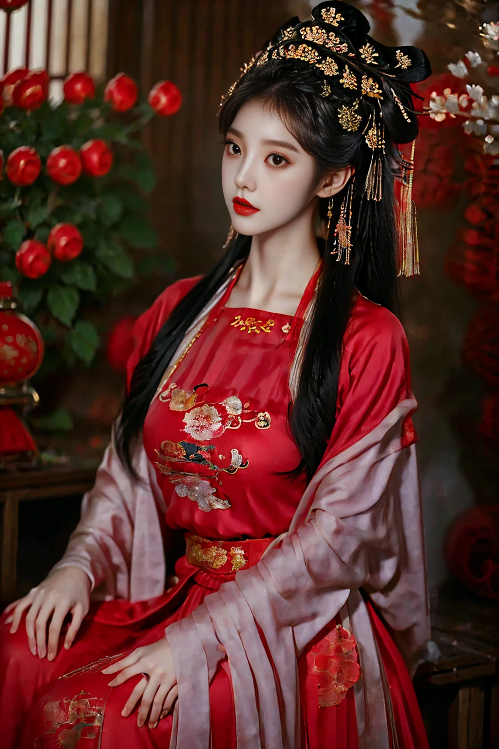 1 Girl, 20 years old, center, Black long hair, red lips, Perfect thighs, Chinese Queen, Gold Embroidered Clothing, Red cheongsam, Lace, Red cape, Red embroidered shoes, (Looking at the camera:1.5), stand up, night, Wooden pavilion, Chinese Palace, Front view, curls, Flying hair, gloomy sky, Beautiful right eye pupil, (Very delicate and beautiful Korean female facial features:1.3), (Beautiful and detailed eye descriptions), Best image quality, light, Detailed background, Surrealism, Rococo style, Art Deco, Hook of Holland, masterpiece, Ultra HD, masterpiece, precise, Anatomically correct, Textured Skin, Super Detail, High Detail, The award-winning, best quality, 8K, gufeng