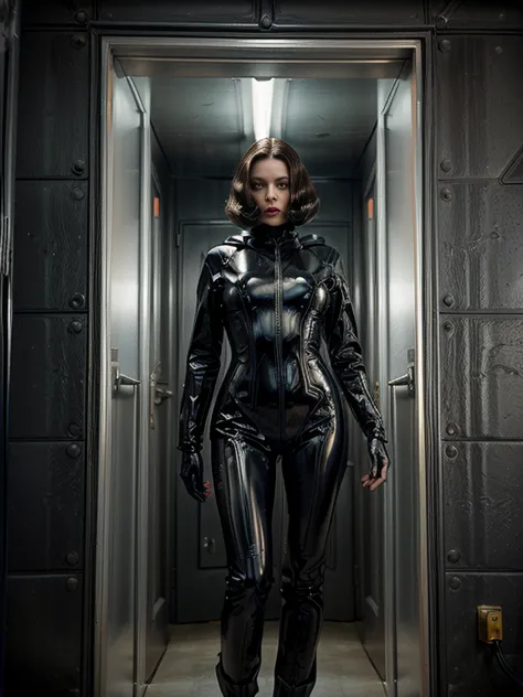 alien-like woman in latex suit standing in doorway, as a retro-future heroine, sci-fi movie stills, ファンタジーmovie stills, black le...