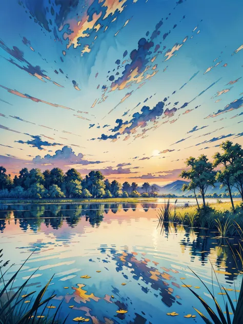 a painting of a sunset over a body of water, phragmites, vibrant gouache painting scenery, marsh vegetation, small reeds behind ...