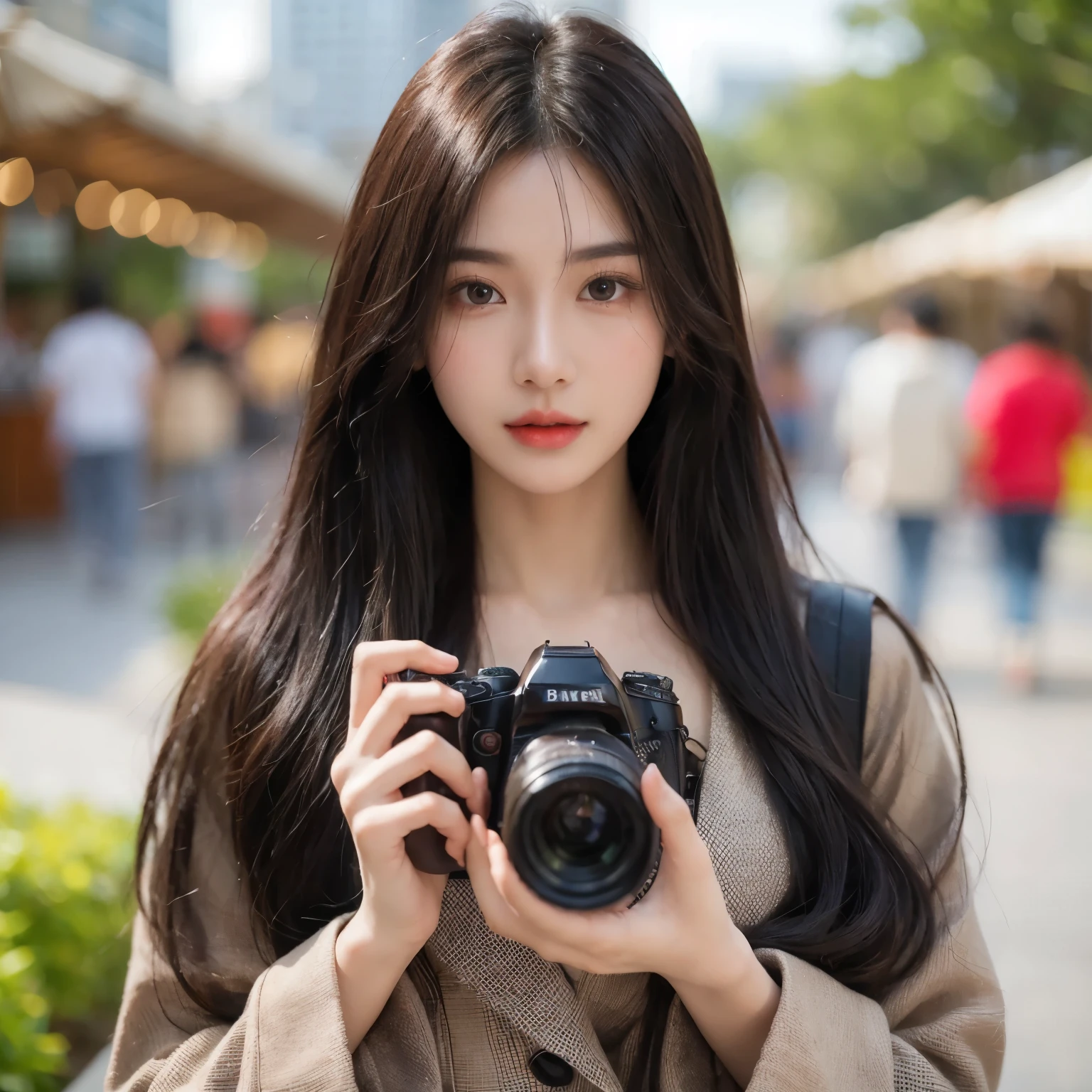 (masterpiece)), ((best quality)), (Super detailed), illustration, beautiful, artistic, actual, 8k, a young woman, 20 years old, long straight black hair, Korean style clothes, holding a camera with both hands, the camera is black, Asian woman, background in a busy park, bright atmosphere, female photographer, realistic, ultra HD, ultra  detailsDelicate skin, (oily skin), Glowing and radiant skin, Delicate skin, （Chinese style，rice，low cut，silk）