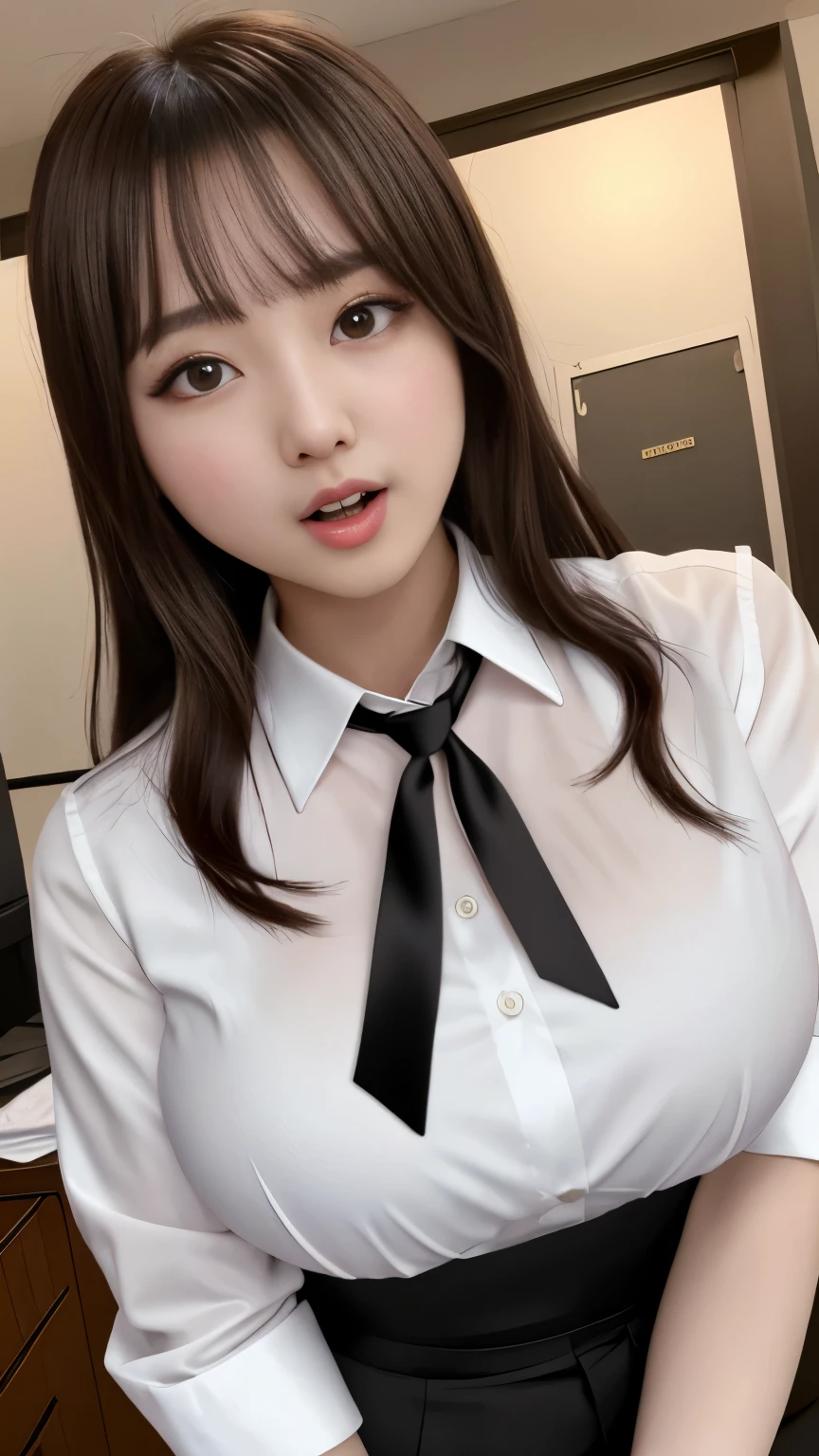 A close up of a woman wearing a white shirt and black tie - SeaArt AI