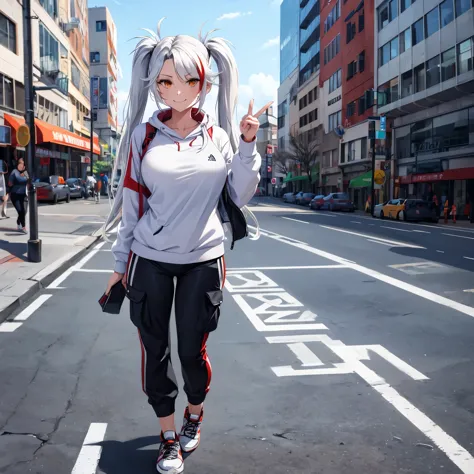 A woman wearing a white sweatshirt with a black stripe, white cargo pants, sports sneakers, long white hair, red bangs, pigtails...