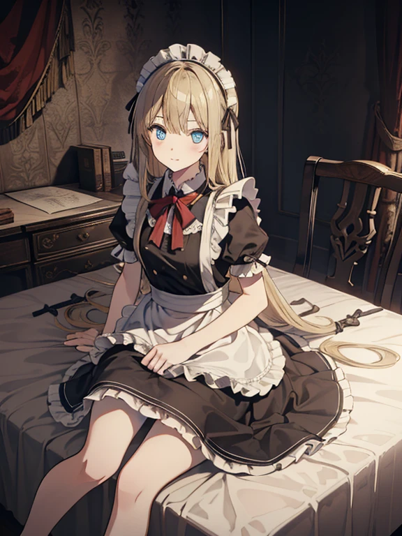 (8k, highest quality, Tabletop:1.2)、Ultra-high resolution, One 14-year-old girl, Perfect Fingers, Detailed face, blue eyes, Blonde, Straight Hair, Long Hair, Black maid outfit,  Inside the castle, Bedroom、Making the bed