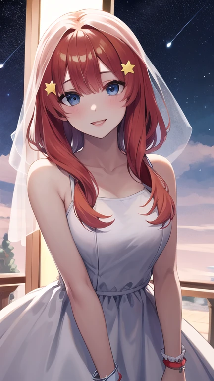 masterpiece, Best Quality, high resolution, aaitsuki, by the wide, He drowned, Star hair ornament, Veil, clavicle, bare shoulders, Strapless, Wedding dress, White dress, wristbands, degrees, standing, holding bouquet, smile, open mouth,