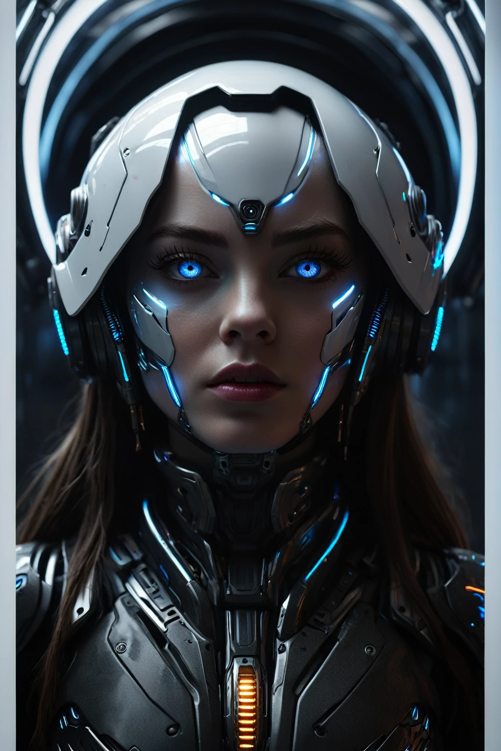 (最好的品質,4k,8K,高解析度,傑作:1.2),超詳細,(實際的,photo實際的,photo-實際的:1.37),未來女性機器人,肖像風格,金屬材料,發光的藍眼睛,銳利的臉部特徵,激烈的表情,機械本體零件,數位增強長髮,未來式裝甲,高科技遮陽板,強大而自信的姿態,反烏托邦背景,霓虹燈,彩色全息投影,科幻燈光