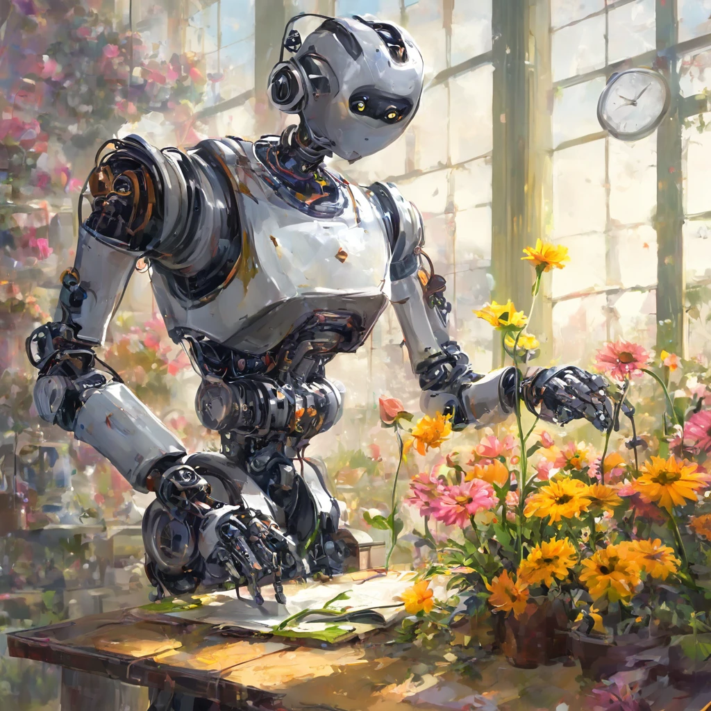 A clock work robot, humanoid, picks a flower and studies it