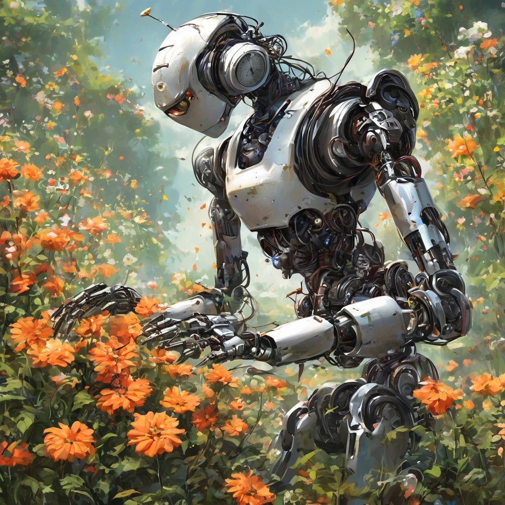 A clock work robot, humanoid, picks a flower and studies it