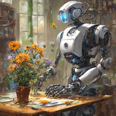 A clock work robot, humanoid, picks a flower and studies it
