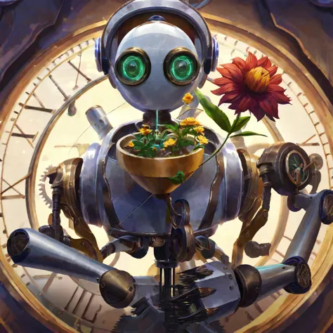 A clock work robot, humanoid, picks a flower and studies it