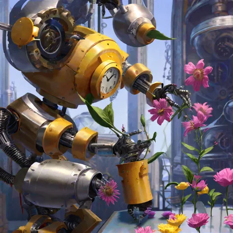 a clock work robot, humanoid, picks a flower and studies it