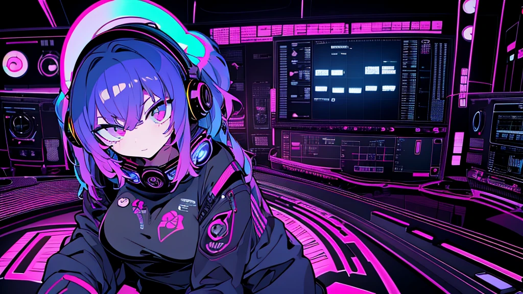 Best quality, (masterpiece:1.2), best detail face,1 girl, big breasts, 18 yo, 8k,absurdres,unity 8k wall paper,(extremely detailed:1.3), highest realistic, (headphones:1.1), (soft neon light:1.1), (floating hair:1.2), (psychedelic:1.2), Her room full of music equipment, loungewear, (((Roland TB-303 Synthesizer))), loose loungewear, Looks listless, See the whole room