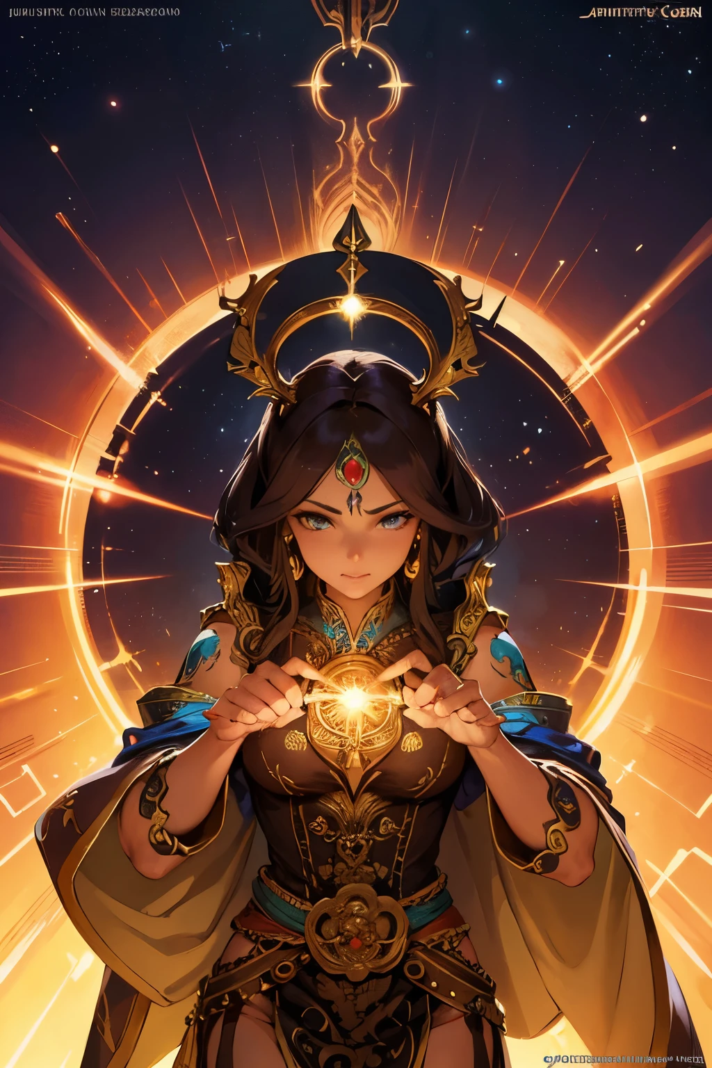 (A beautiful female cinematic ornate sand goddess, gold dress, shiny gold tattoo), (Galactic shaman with Quantum Energy costume), fantasy magic, long hairstyle, clear and dark night, Intricate, ethereal, sharp focus, illustration, highy detailed, digitalpainting, conceptual artwork, mattey, (arte por WLOP), (por Justin Gerard e Jason Edmiston: 1.5), (por Greg Rutkowski: 0.4), (by alphonse mucha: 0.4), work of art