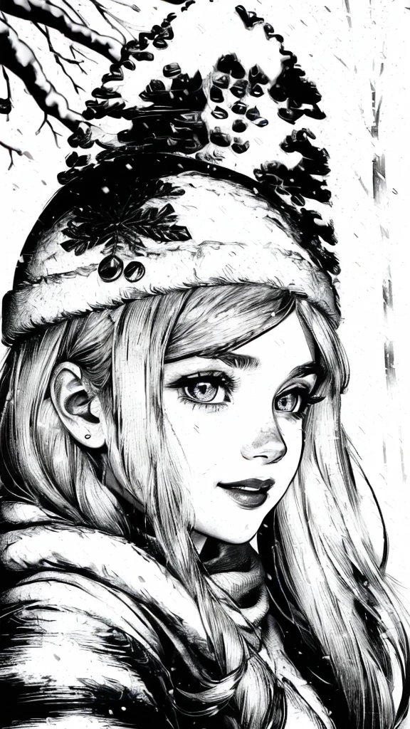 (best quality,photorealistic:1.37), black and white portrait of a girl playing in a beautiful snowy landscape, detailed eyes and lips, soft winter lighting, delicate snowflakes, cozy winter clothing, joyful smile, gentle snow-covered trees, peaceful atmosphere, vintage film aesthetic