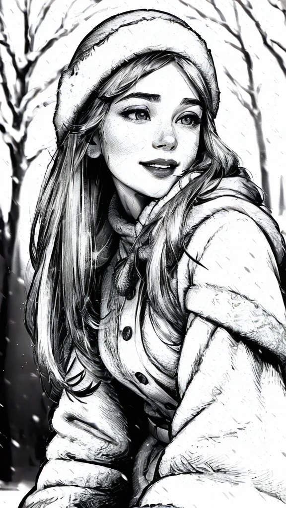 (best quality,photorealistic:1.37), black and white portrait of a girl playing in a beautiful snowy landscape, detailed eyes and lips, soft winter lighting, delicate snowflakes, cozy winter clothing, joyful smile, gentle snow-covered trees, peaceful atmosphere, vintage film aesthetic