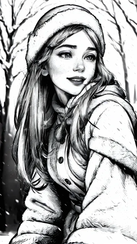 (best quality,photorealistic:1.37), black and white portrait of a girl playing in a beautiful snowy landscape, detailed eyes and...