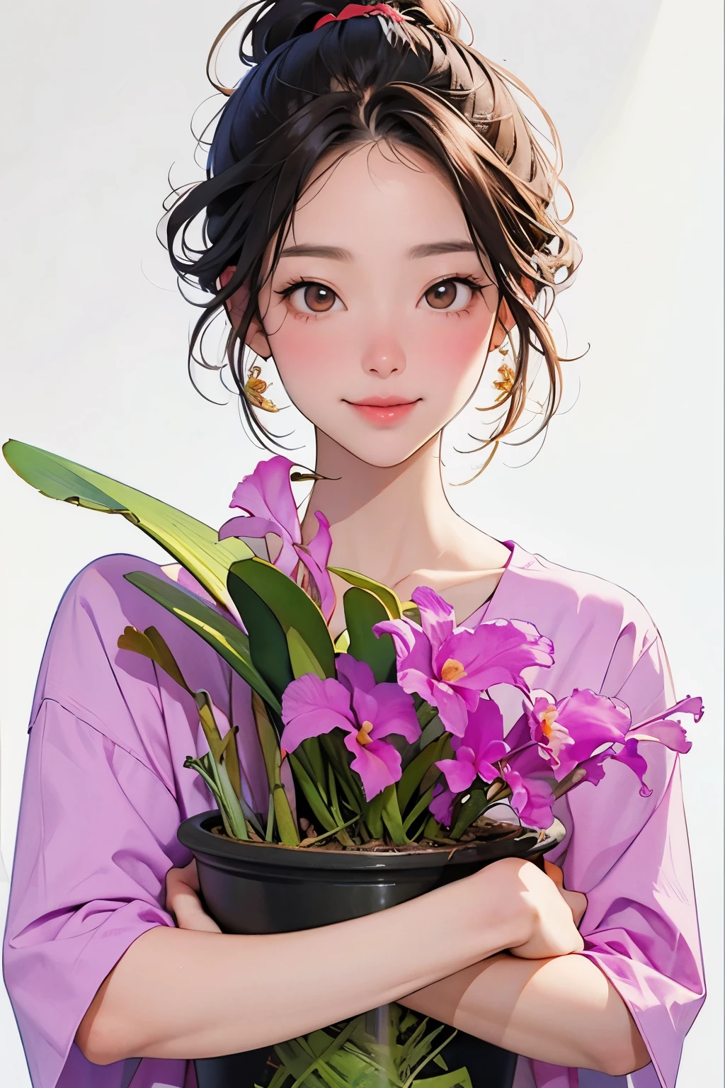 (masterpiece, highest quality:1.2), (Portrait、whole body、front)、(One Woman、A kind smile、Potted plantsのCattleyaの花を抱え持つ、)、(Cattleya, Potted plants、alone, Three Flowers, close, whole body, full bloom,  )、Soft Focus、Watercolor style、Blur the background、Blank background、White Background、