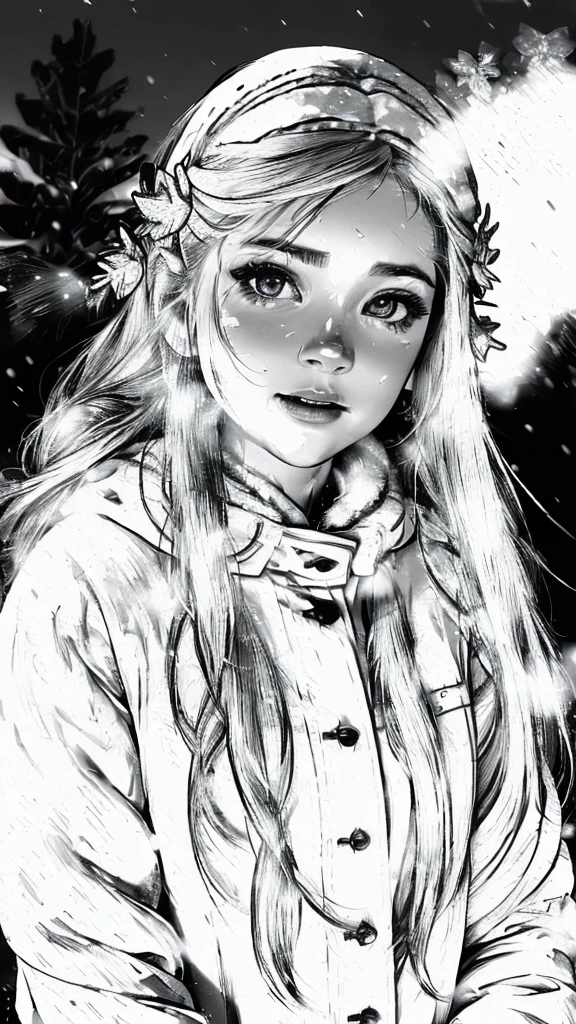 (best quality,highres,ultra-detailed,realistic:1.2),black and white,portrait,beautiful snowy landscape,girl playing in the snow,snowflakes on her hair and clothes,natural lighting,soft focus,serene expression,winter wonderland