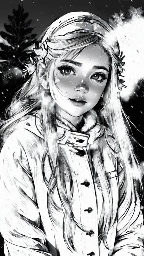 (best quality,highres,ultra-detailed,realistic:1.2),black and white,portrait,beautiful snowy landscape,girl playing in the snow,...