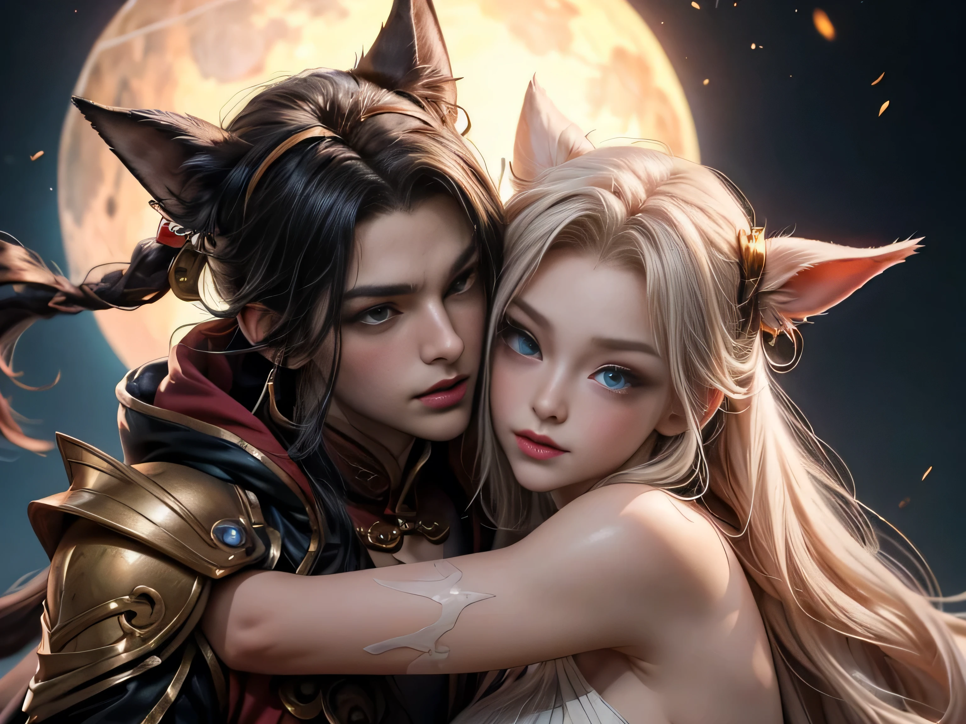 image of a man and woman couple kissing under the pink moon, Ren Renfa digital painting, Tumblr, fantasy art, xianxia fantasy, fox fantasy love, gorgeous art, love concept art, Sha Xi, 8k)), high quality fanart, Chinese fantasy, beautiful art, long, fan art, beautiful avatar pictures, Cai Xukun, 8k character details, high quality anime art, high quality illustration, detailed anime wallpapers, detailed anime art, hyper realistic, elegant, high quality realistic anime art, ((Finely drawn eyes )) [Perfectly detailed eyes((Beautiful eyes, like jewels) drawn in very detail)[clearly drawn pupils]],[eye light[Accurate eye lighting]],[long and beautiful eyelashes],[accurately drawn hair [Beautiful and shiny hair, detailed]], (Perfect hand-detailed [Beautiful fingers without damage [beautiful nails]]), (perfect anatomy (perfectly balanced proportions)) [[Full-length portrait]], [perfect color combination (Accurate imitation of interaction light and materials)],([Precise detail](detail, high)),[Visual art that tells a story],((highest quality)high [[High density drawing]])(4K quality)