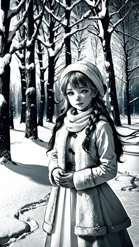 (best quality,black and white photography,highres,masterpiece:1.2),beautiful snowy landscape,girl playing in the snow,portrait of a girl,pure innocence,snowflakes dancing,fine details,charming smile,soft snow,frosty winter,crisp air,peaceful atmosphere,stark contrast,dramatic shadows,graceful posture,whimsical atmosphere,magical winter wonderland,ethereal beauty,serene tranquility,layers of snow,subtle shades of gray,vintage aesthetic,old-fashioned elegance,classic charm,dreamlike scenery,melancholic mood,timeless beauty,endearing innocence,majestic winter scene,sublime beauty,elegantly composed portrait,soft and delicate features,striking composition,subtle textures and patterns,snow-covered trees,whispering silence,gentle breeze,childlike joy,frozen wonderland,enchanted winter forest,dimly lit scenery