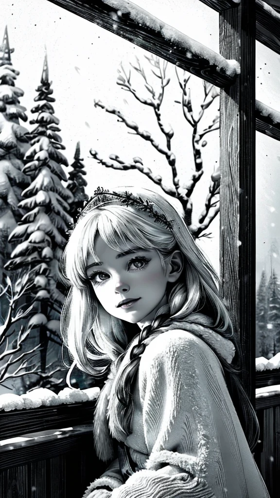 (best quality,black and white photography,highres,masterpiece:1.2),beautiful snowy landscape,girl playing in the snow,portrait of a girl,pure innocence,snowflakes dancing,fine details,charming smile,soft snow,frosty winter,crisp air,peaceful atmosphere,stark contrast,dramatic shadows,graceful posture,whimsical atmosphere,magical winter wonderland,ethereal beauty,serene tranquility,layers of snow,subtle shades of gray,vintage aesthetic,old-fashioned elegance,classic charm,dreamlike scenery,melancholic mood,timeless beauty,endearing innocence,majestic winter scene,sublime beauty,elegantly composed portrait,soft and delicate features,striking composition,subtle textures and patterns,snow-covered trees,whispering silence,gentle breeze,childlike joy,frozen wonderland,enchanted winter forest,dimly lit scenery