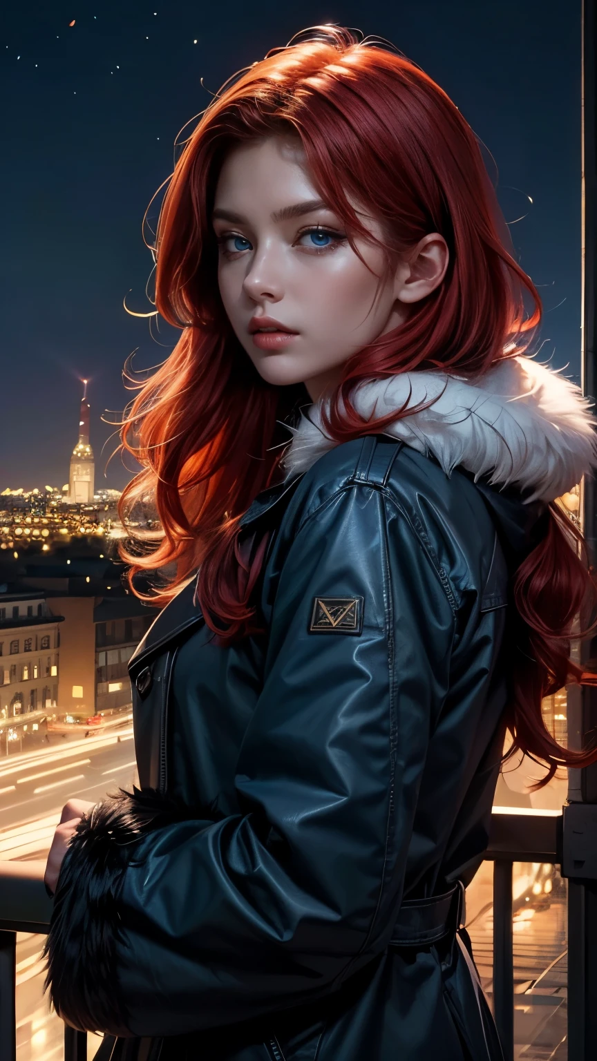 Realistic,  Depth of written boundary,  Cinema Lighting,  (Detailed costume),  Perfect Eyes,  Lots of details,  lips,  Line art,  Particles of light,  ((Red Hair)),  ((blue eyes)),  Fur coat,  balcony,  Night Sky,  moonlight,  Long Hair,  it&#39;s snowing,  White Theme,  (Leopard print)
