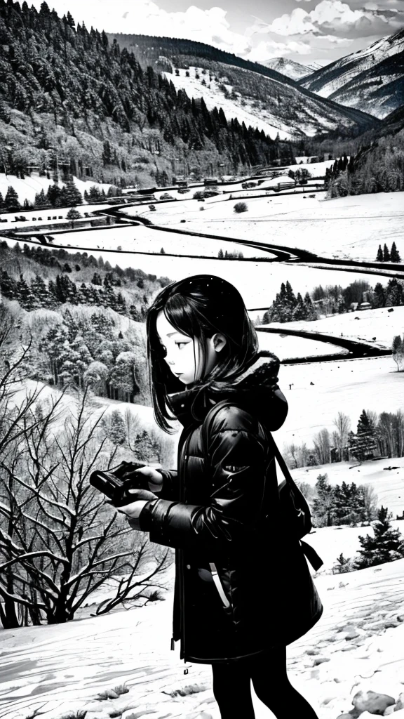 fotografía en blanco y negro、Una niña está jugando、Hermoso paisaje nevado