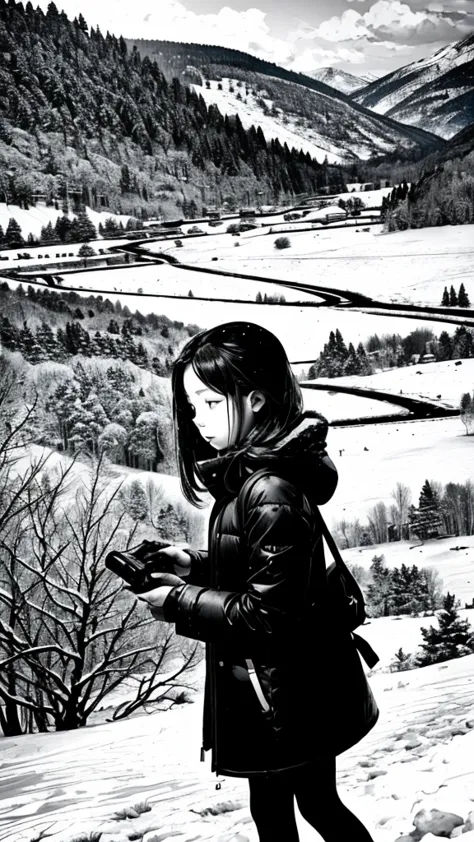 Black and white photography、A girl is playing、Beautiful snowy scenery
