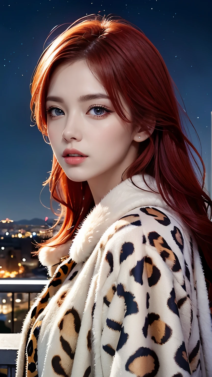 Realistic,  Depth of written boundary,  Cinema Lighting,  (Detailed costume),  Perfect Eyes,  Lots of details,  lips,  Line art,  Particles of light,  ((Red Hair)),  ((blue eyes)),  (leopard print fur coat:1,5),  balcony,  Night Sky,  moonlight,  Long Hair,  it&#39;s snowing,  White Theme,  