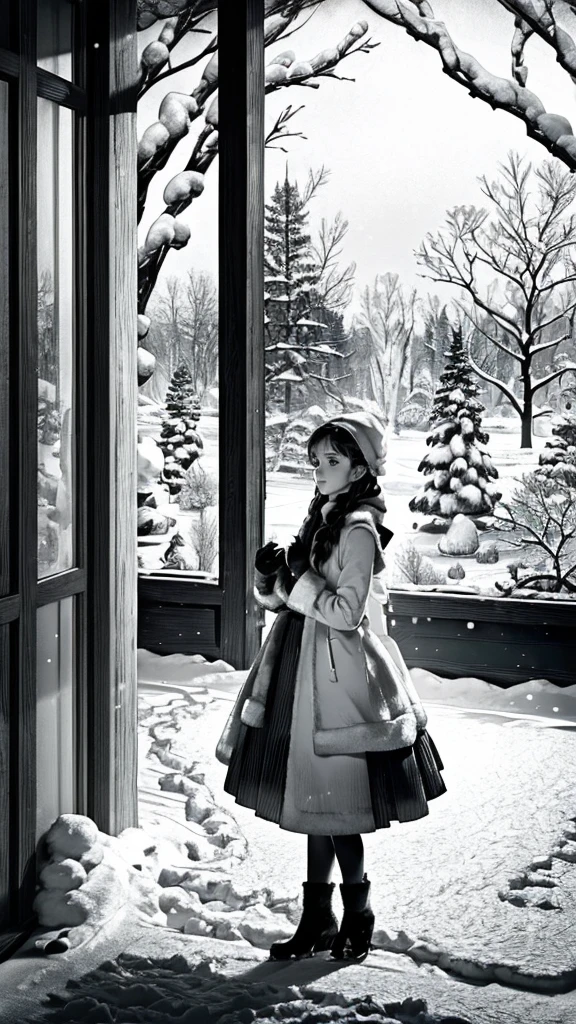 (best quality,black and white photography,highres,masterpiece:1.2),beautiful snowy landscape,girl playing in the snow,portrait of a girl,pure innocence,snowflakes dancing,fine details,charming smile,soft snow,frosty winter,crisp air,peaceful atmosphere,stark contrast,dramatic shadows,graceful posture,whimsical atmosphere,magical winter wonderland,ethereal beauty,serene tranquility,layers of snow,subtle shades of gray,vintage aesthetic,old-fashioned elegance,classic charm,dreamlike scenery,melancholic mood,timeless beauty,endearing innocence,majestic winter scene,sublime beauty,elegantly composed portrait,soft and delicate features,striking composition,subtle textures and patterns,snow-covered trees,whispering silence,gentle breeze,childlike joy,frozen wonderland,enchanted winter forest,dimly lit scenery