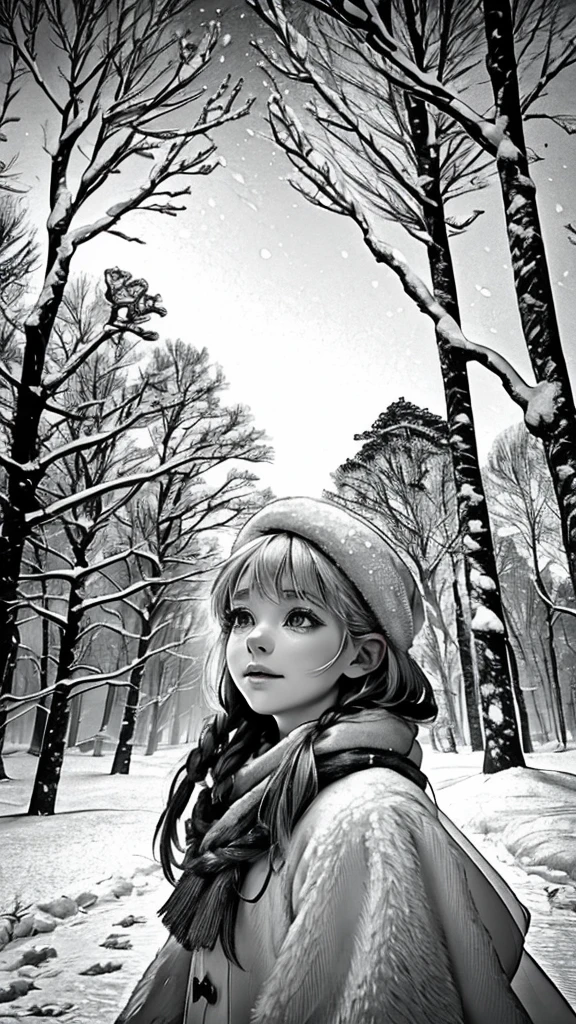 (best quality,black and white photography,highres,masterpiece:1.2),beautiful snowy landscape,girl playing in the snow,portrait of a girl,pure innocence,snowflakes dancing,fine details,charming smile,soft snow,frosty winter,crisp air,peaceful atmosphere,stark contrast,dramatic shadows,graceful posture,whimsical atmosphere,magical winter wonderland,ethereal beauty,serene tranquility,layers of snow,subtle shades of gray,vintage aesthetic,old-fashioned elegance,classic charm,dreamlike scenery,melancholic mood,timeless beauty,endearing innocence,majestic winter scene,sublime beauty,elegantly composed portrait,soft and delicate features,striking composition,subtle textures and patterns,snow-covered trees,whispering silence,gentle breeze,childlike joy,frozen wonderland,enchanted winter forest,dimly lit scenery