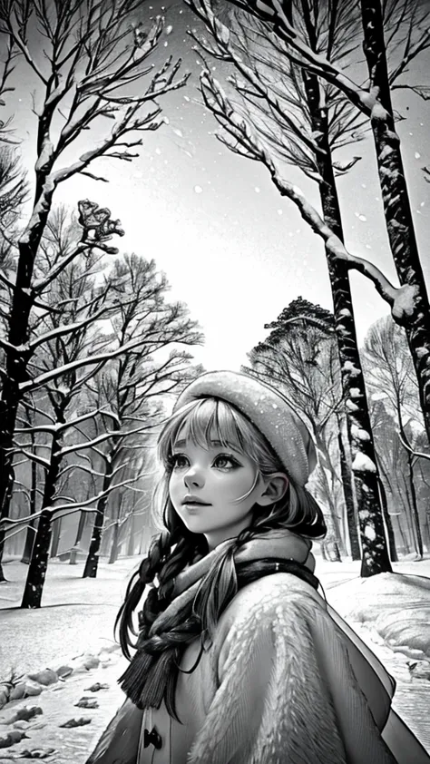 (best quality,black and white photography,highres,masterpiece:1.2),beautiful snowy landscape,girl playing in the snow,portrait o...