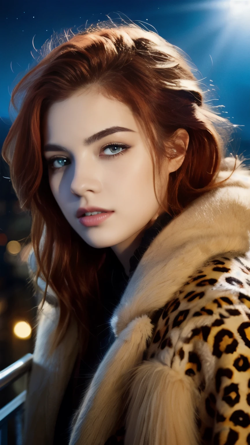 Realistic,  Depth of written boundary,  Cinema Lighting,  (Detailed costume),  Perfect Eyes,  Lots of details,  lips,  Line art,  Particles of light,  ((Red Hair)),  ((blue eyes)),  (leopard print fur coat:1,5),  balcony,  Night Sky,  moonlight,  Long Hair,  it&#39;s snowing,  White Theme,  