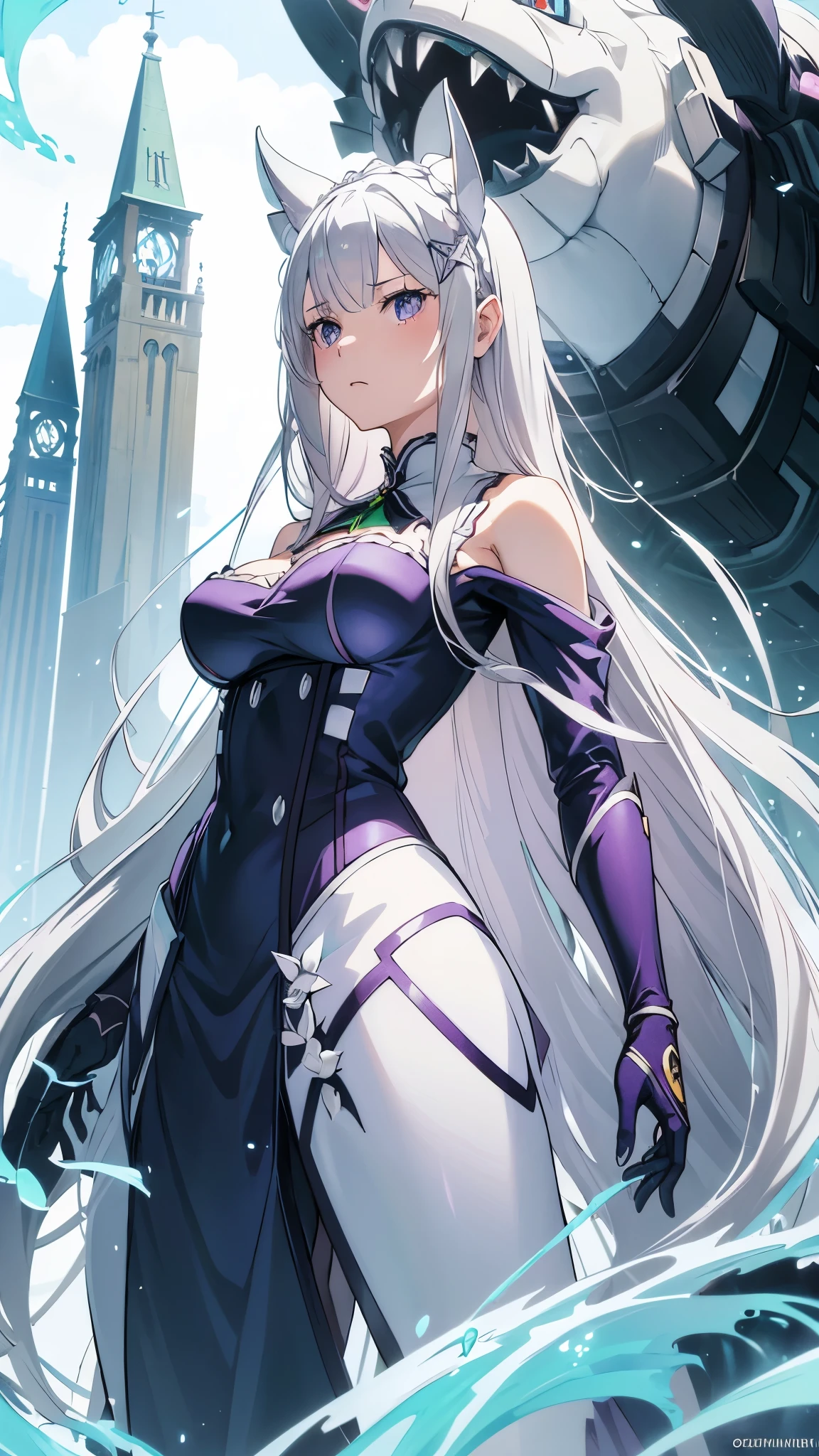 Emilia re:zero, purple eyes, Emilia, crown braid, x hair ornament, flower hair ornament, white hair, long hair, medium breasts, anime girl as a rider anime girl posing. standing next to giant fierce white wolf. anime style  alluring. cute, amazingly girly. Cute. anime girl. unrealistic feminine anatomy,  very feminine pose. Gorgeous features .  standing next to zoid. Hyper detailed. High definition. Anime style. HDR. 8k. 