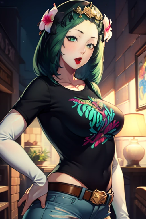 defRhea, headdress, light green hair, hair flower, 1girl, solo, black t-shirt, white shirt, blue jeans, belt, lipstick, large breasts, layered sleeves