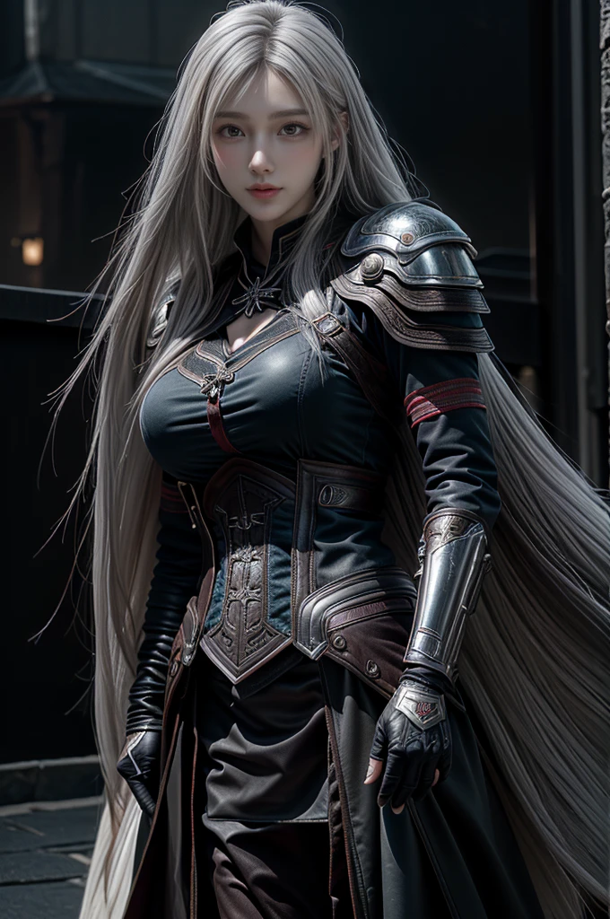 masterpiece，Best quality，high resolution，8K，((portrait))，(Head close-up)，original photo，real picture，Digital Photography，(medieval fantasy style的女性冒险者)，(medieval female adventurer)，25-year-old female，(Dark blue gradient for hair)，Short white hair，Red Eyes，(White gray gradient long hair，White)，(Large Breasts)，Luxurious decoration，Open lips，Keep your mouth smooth and attractive，((frown))，Serious and arrogant，Calm and handsome，(Medieval leather in a dreamy style，Combined Armor，Cloak，Animal Leather Armor，coat)，Photo poses，medieval fantasy style，Night city background，oc render reflection texture