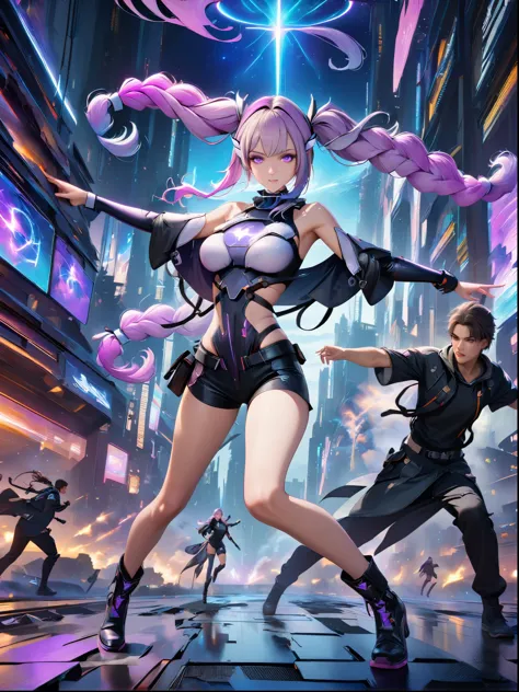 1girl, Purple Hair, Purple Eyes, White long hair, Double ponytails, Gradient hair, brave, White Mech SuitBREAK Black Mech Shorts, (Fighting with a boy:1.5)，panoramic，whole body，Starry Sky，Cyber War Background，Complex atmosphere，Cyberpunk，electric，Fantasy, (UHD, masterpiece, ccurate, anatomically correct, best quality, 8k), 1yj1