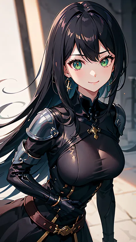 1 of 1 girls, armor, black_hair, Blurred, Blurred_background, Blurred_prospect, chest, green_eye, Closed_mouth, depth_of_Field, ...
