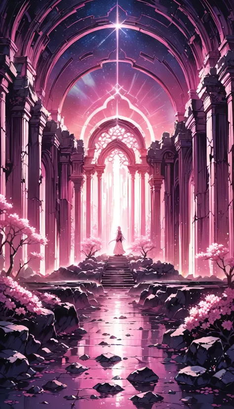 amazing pink tree on the rocks on the beach, a realistic depiction style of light, aisle, art inspired by faith, ruins, light-fi...