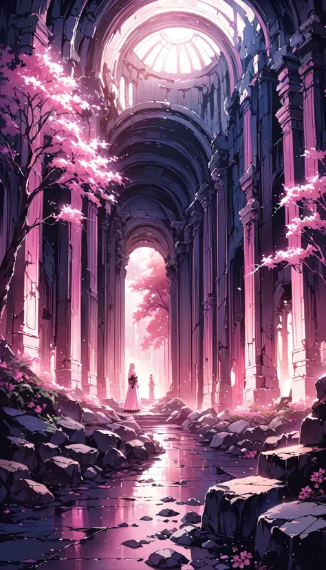 amazing pink tree on the rocks on the beach, a realistic depiction style of light, aisle, art inspired by faith, ruins, light-fi...